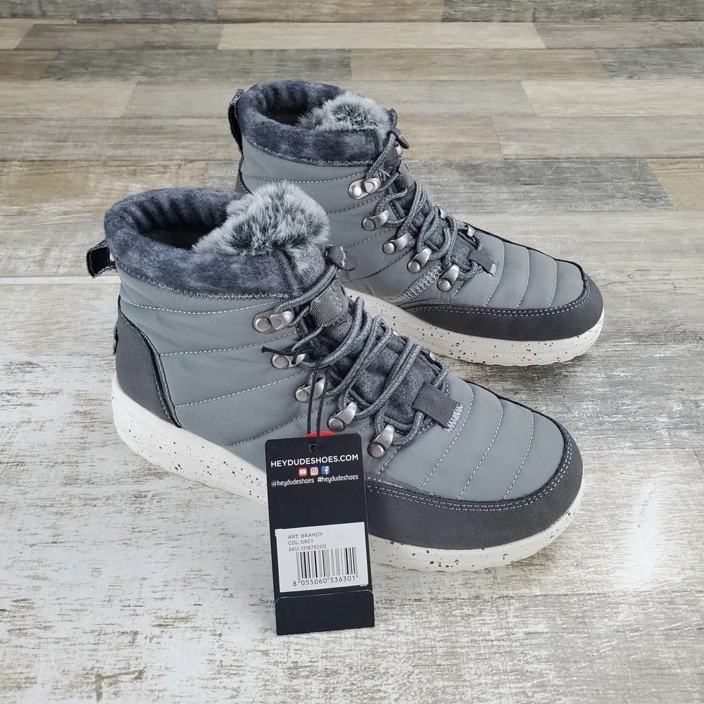 Hey Dude Brandy Ankle Boots Womens 6 Faux Fur Lace Up Gray Comfort Shoe
